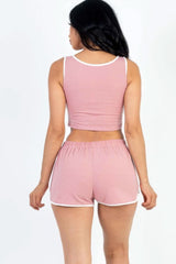 Casual French Terry Sleeveless Button Front Contrast Trim Cropped Tank Top And Shorts Set - Fit Me For 20