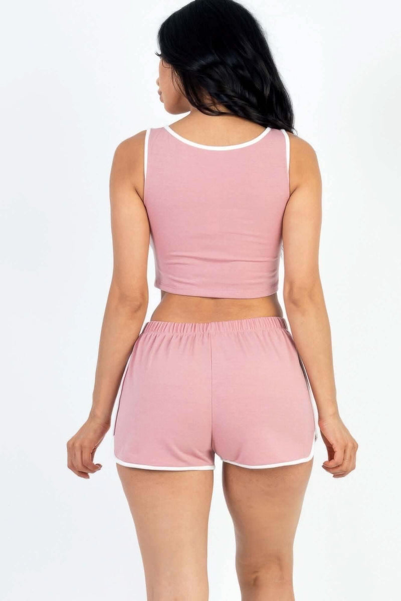 Casual French Terry Sleeveless Button Front Contrast Trim Cropped Tank Top And Shorts Set - Fit Me For 20
