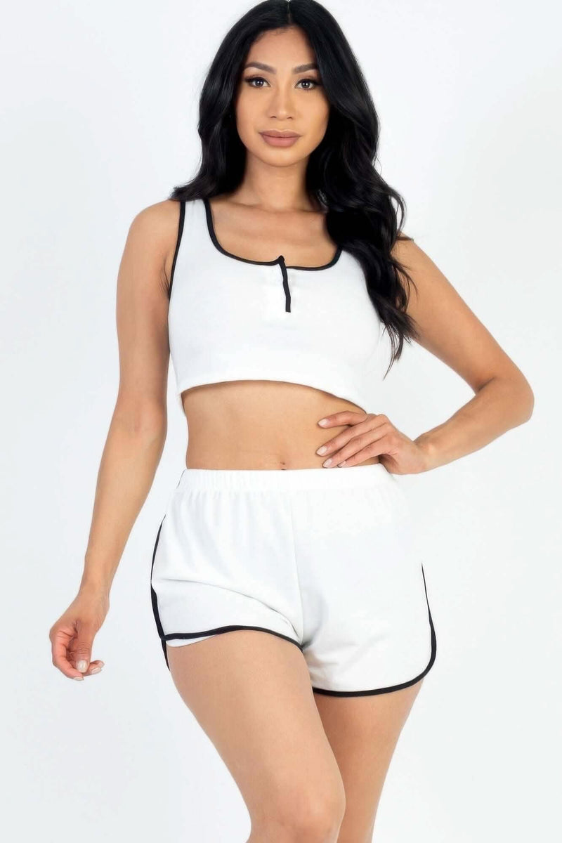 Casual French Terry Sleeveless Button Front Contrast Trim Cropped Tank Top And Shorts Set - Fit Me For 20