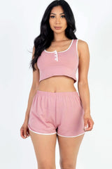 Casual French Terry Sleeveless Button Front Contrast Trim Cropped Tank Top And Shorts Set - Fit Me For 20