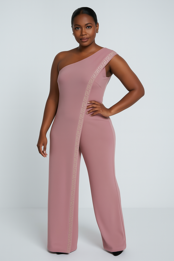 One Shoulder Greek Border Pattern Jumpsuit