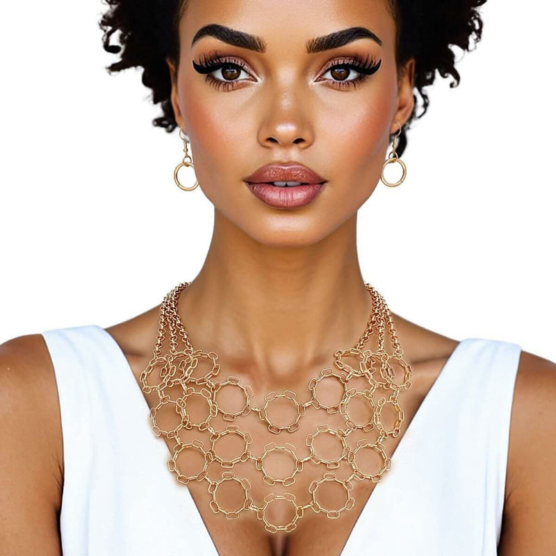 Chain Multi Row Multi Circle Gold Bib Necklace - Fit Me For 20