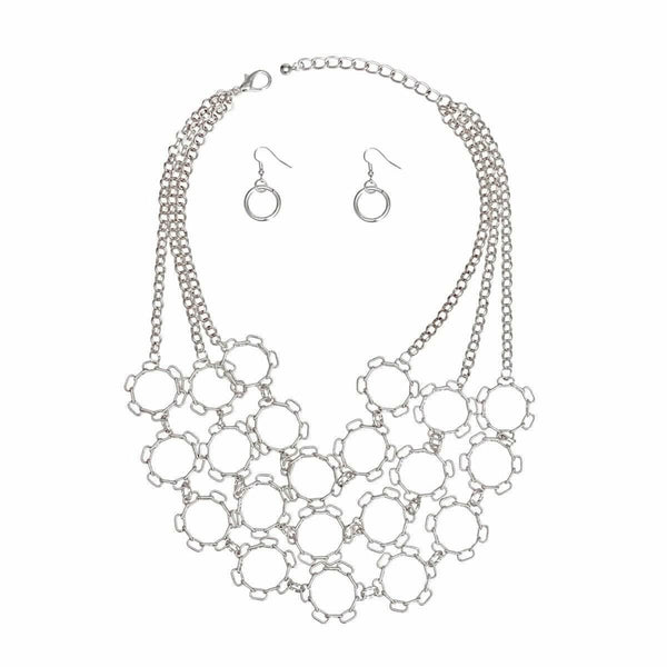 Chain Multi Row Multi Circle Silver Bib Necklace - Fit Me For 20