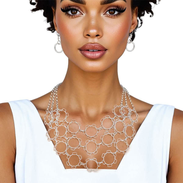 Chain Multi Row Multi Circle Silver Bib Necklace - Fit Me For 20