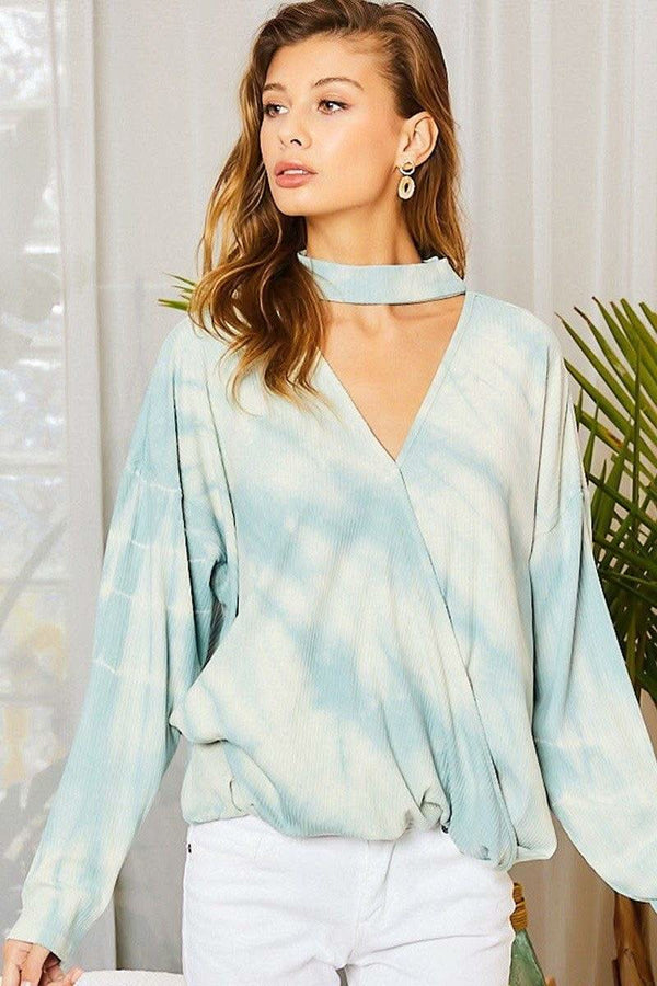 Chocker Neck Surplice Hi-lo Tie-dye Top - Fit Me For 20