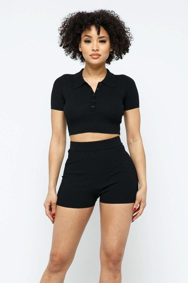 Collar Crop Top + Shorts Set - Fit Me For 20