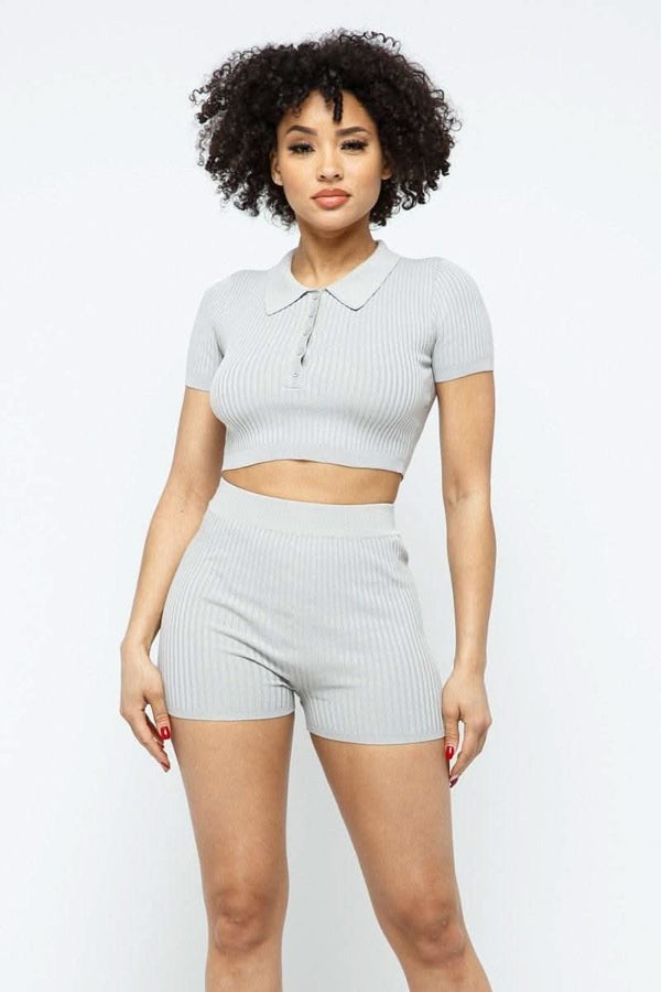 Collar Crop Top + Shorts Set - Fit Me For 20