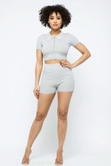 Collar Crop Top + Shorts Set - Fit Me For 20