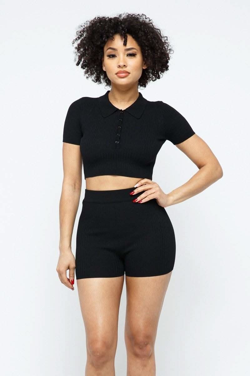 Collar Crop Top + Shorts Set - Fit Me For 20