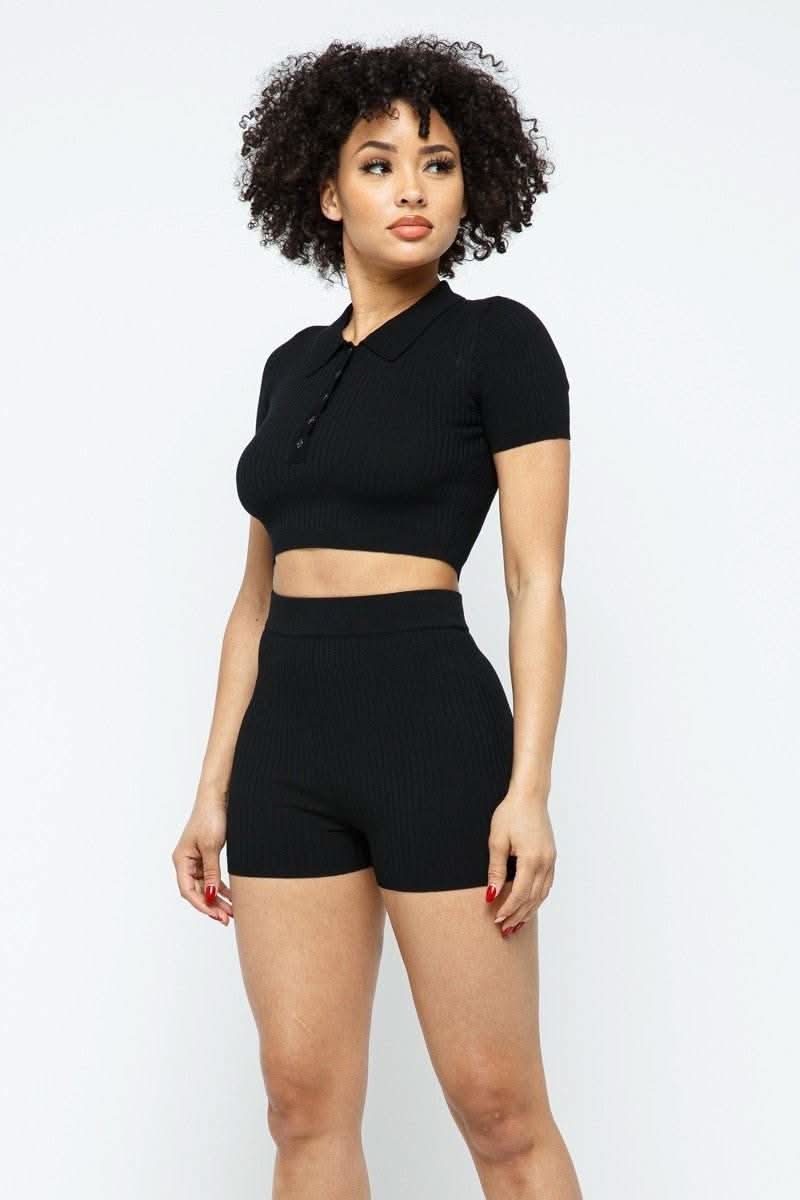 Collar Crop Top + Shorts Set - Fit Me For 20