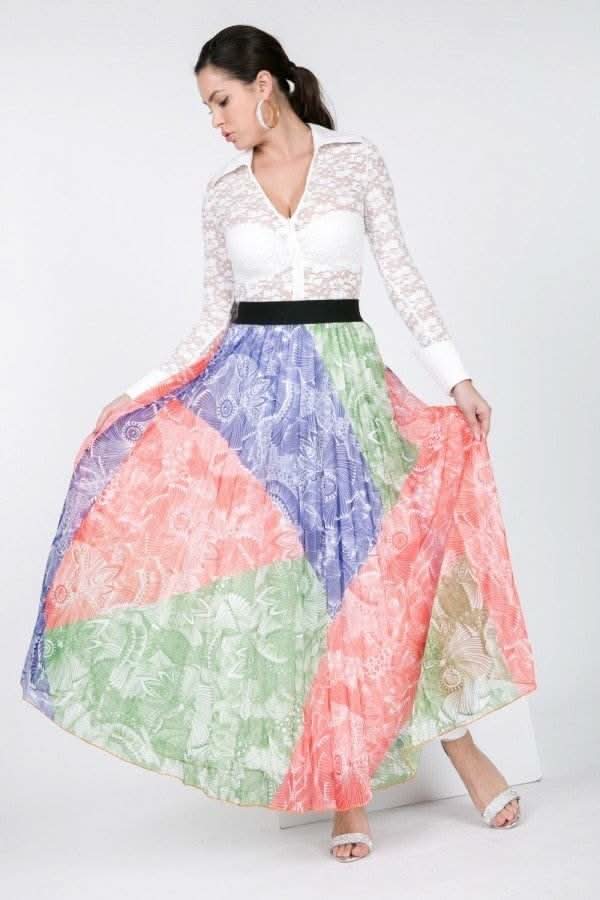 Color Block Pleated Maxi Skirt - Fit Me For 20