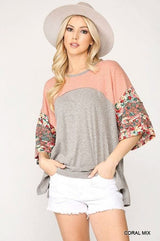 Colorblock Knit and Floral Print Mixed Top - Fit Me For 20