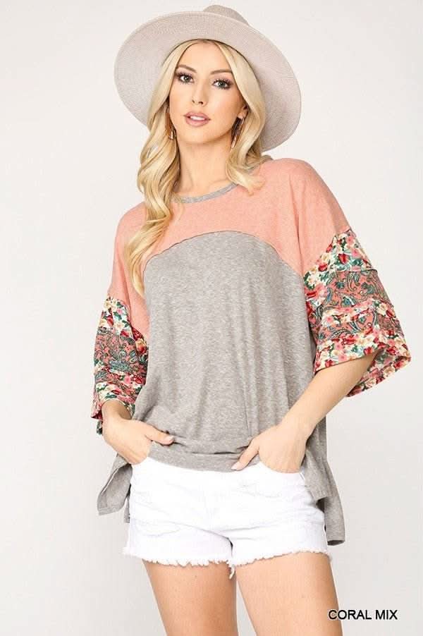 Colorblock Knit and Floral Print Mixed Top - Fit Me For 20