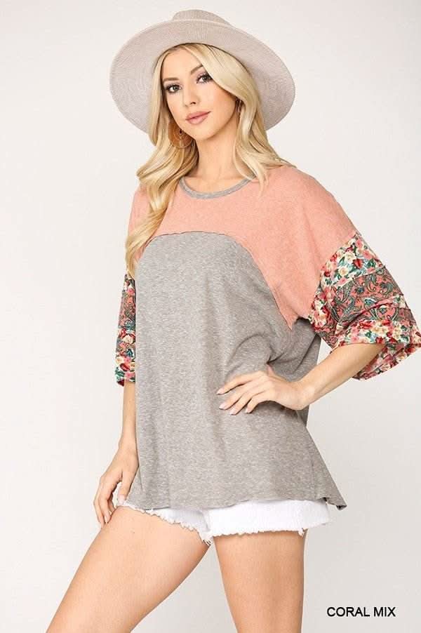 Colorblock Knit and Floral Print Mixed Top - Fit Me For 20