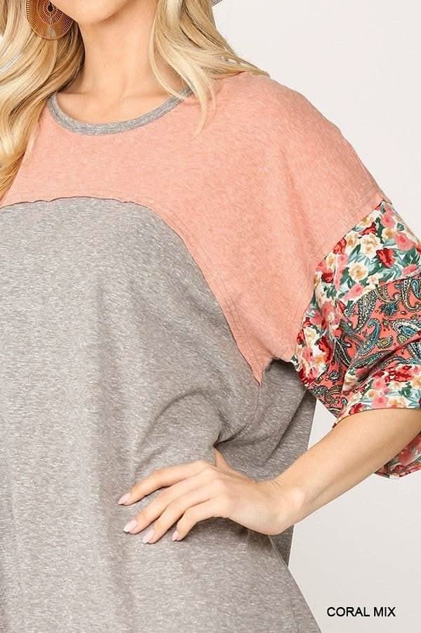 Colorblock Knit and Floral Print Mixed Top - Fit Me For 20