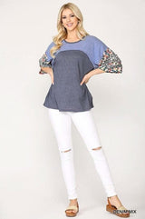 Colorblock Knit And Floral Print Mixed Top With Dolman Sleeve - Fit Me For 20