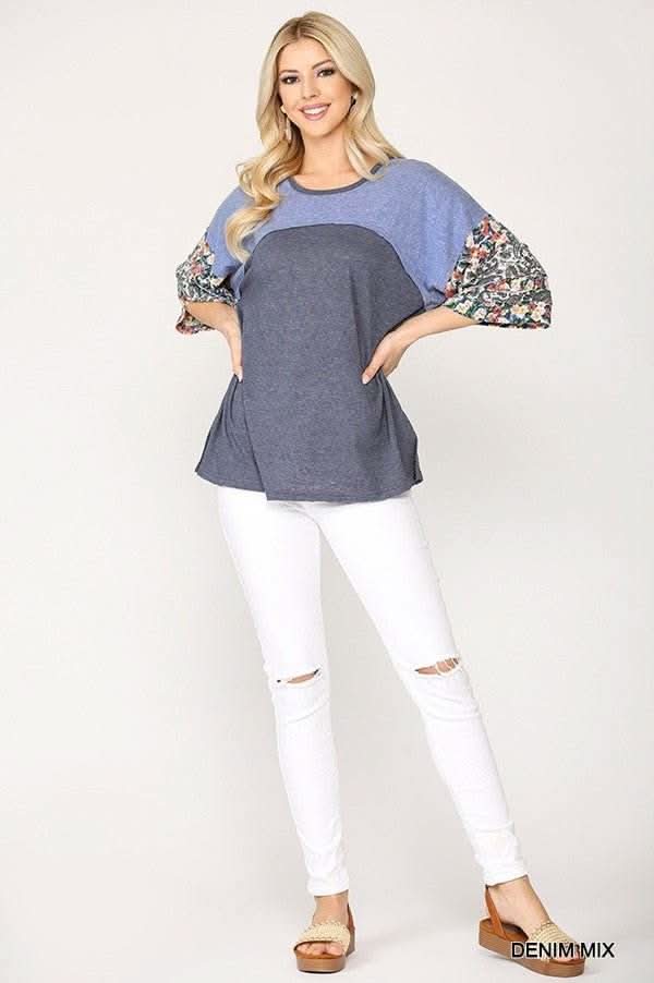 Colorblock Knit And Floral Print Mixed Top With Dolman Sleeve - Fit Me For 20