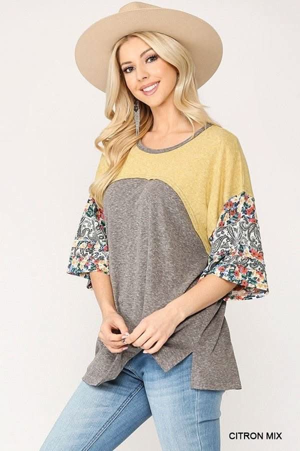 Colorblock Knit And Floral Print Mixed Top With Dolman Sleeve - Fit Me For 20