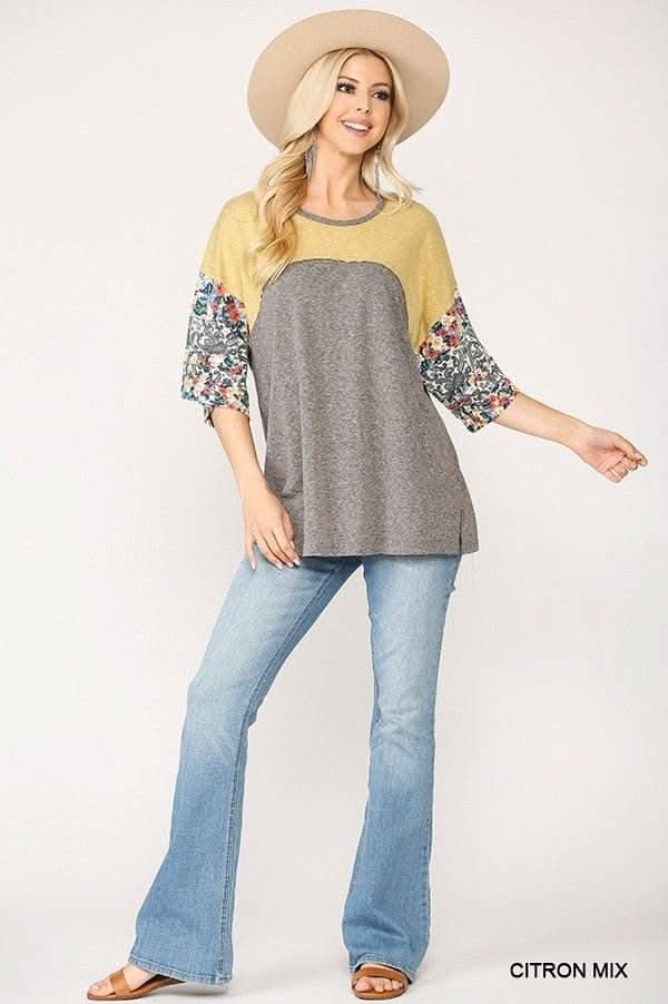 Colorblock Knit And Floral Print Mixed Top With Dolman Sleeve - Fit Me For 20