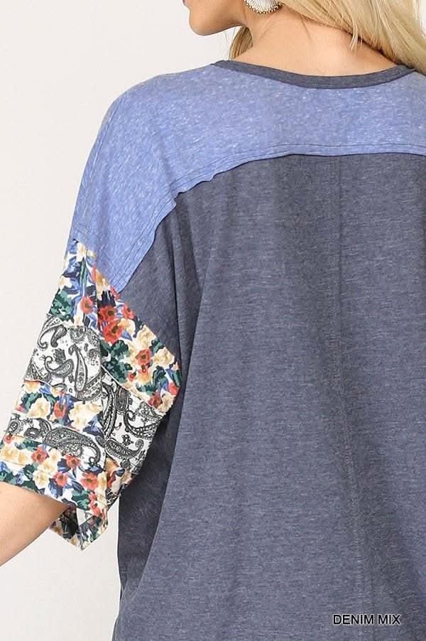 Colorblock Knit And Floral Print Mixed Top With Dolman Sleeve - Fit Me For 20