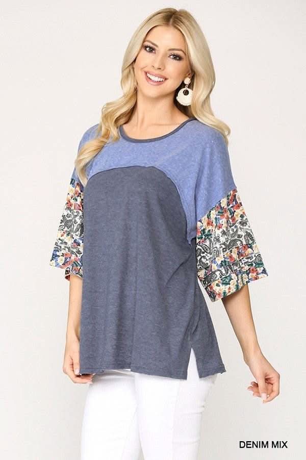 Colorblock Knit And Floral Print Mixed Top With Dolman Sleeve - Fit Me For 20