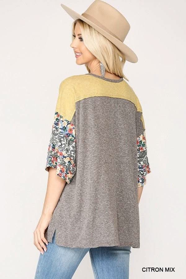 Colorblock Knit And Floral Print Mixed Top With Dolman Sleeve - Fit Me For 20