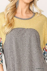 Colorblock Knit And Floral Print Mixed Top With Dolman Sleeve - Fit Me For 20