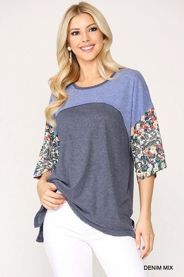 Colorblock Knit And Floral Print Mixed Top With Dolman Sleeve - Fit Me For 20