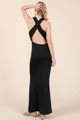 Cowl Neck Cross Back Shirring Maxi Dress - Fit Me For 20