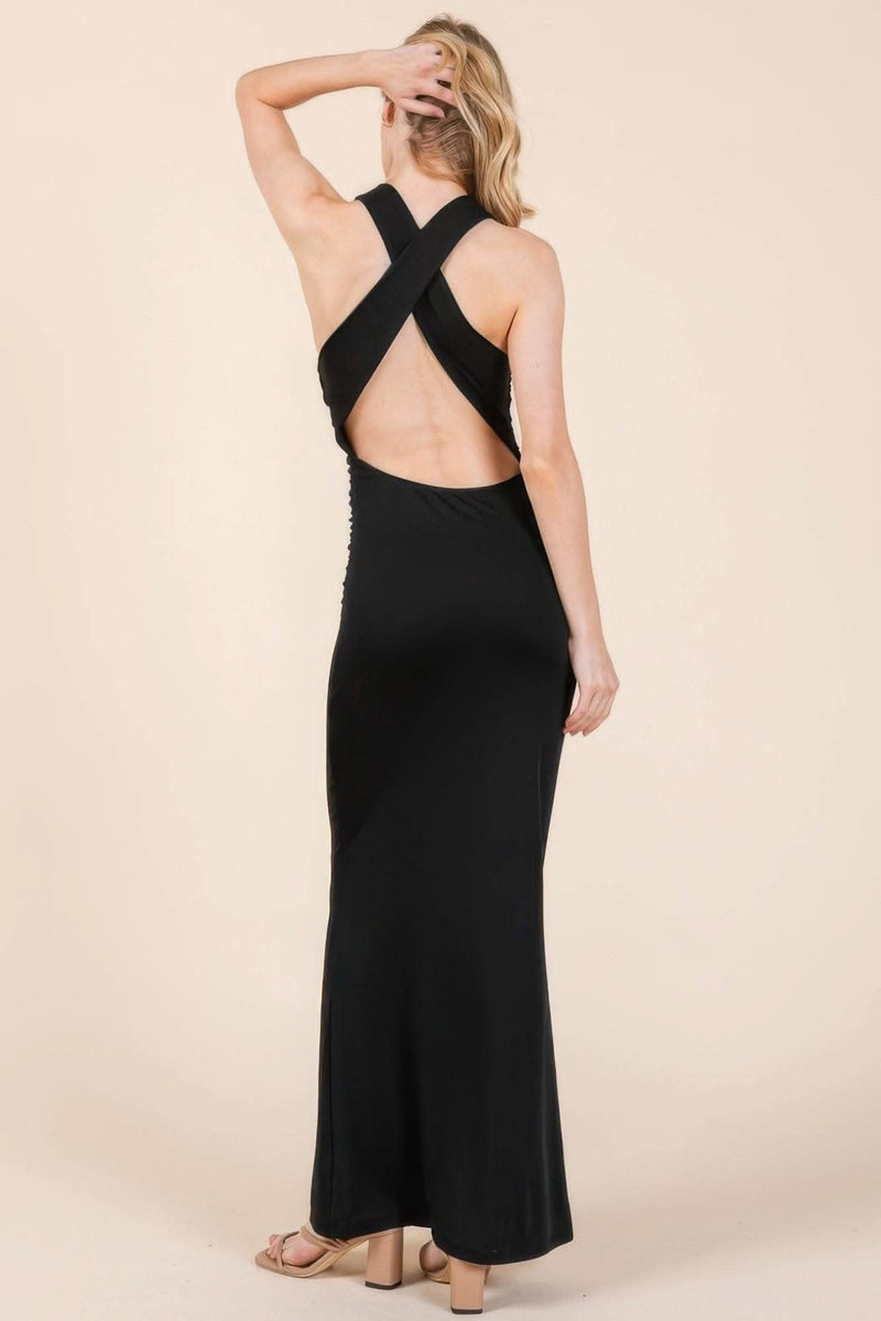 Cowl Neck Cross Back Shirring Maxi Dress - Fit Me For 20