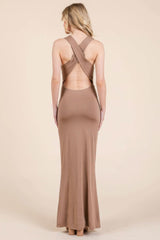 Cowl Neck Cross Back Shirring Maxi Dress - Fit Me For 20