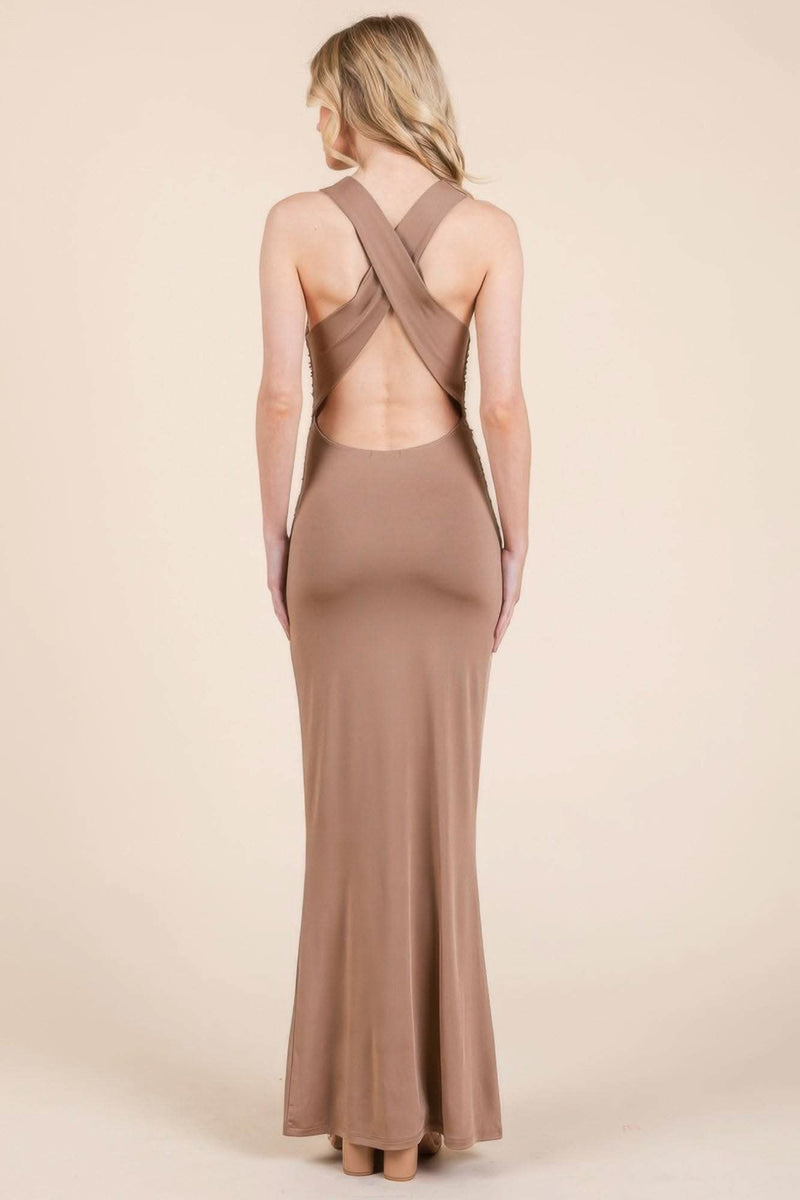 Cowl Neck Cross Back Shirring Maxi Dress - Fit Me For 20