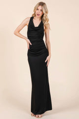 Cowl Neck Cross Back Shirring Maxi Dress - Fit Me For 20