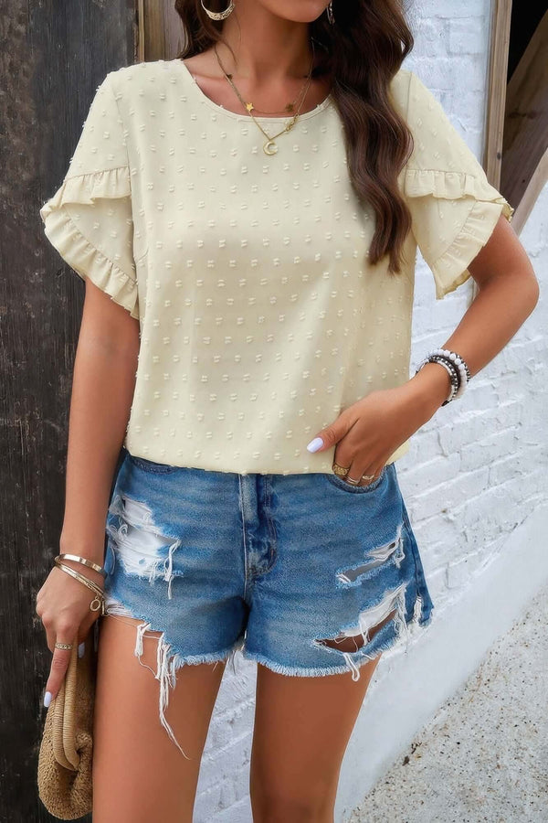 Crewneck Chiffon Polka Dot Ruffle Short Sleeved To - Fit Me For 20