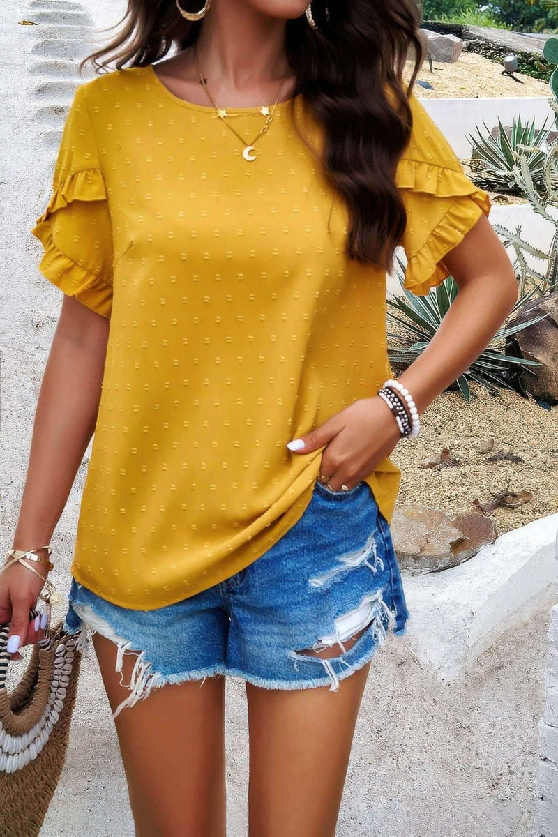 Crewneck Chiffon Polka Dot Ruffle Short Sleeved To - Fit Me For 20