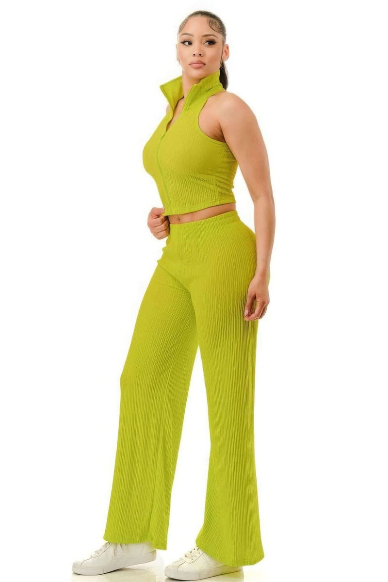 Crinkle Wide Pants Set Zipper - Fit Me For 20