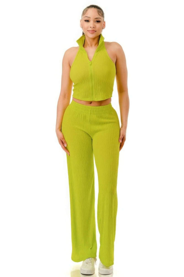Crinkle Wide Pants Set Zipper - Fit Me For 20