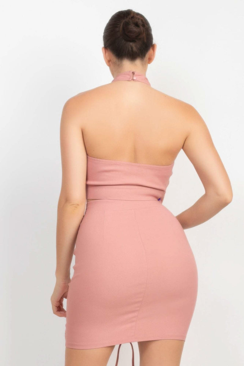 Cross Halter Top & Ruched Skirts Set - Fit Me For 20