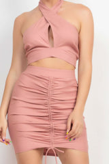 Cross Halter Top & Ruched Skirts Set - Fit Me For 20
