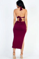 Cut-out Halter Neck Double Back Tie Split Thigh Midi Dress - Fit Me For 20
