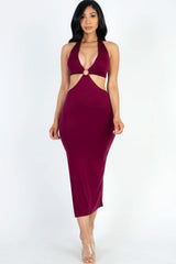 Cut-out Halter Neck Double Back Tie Split Thigh Midi Dress - Fit Me For 20