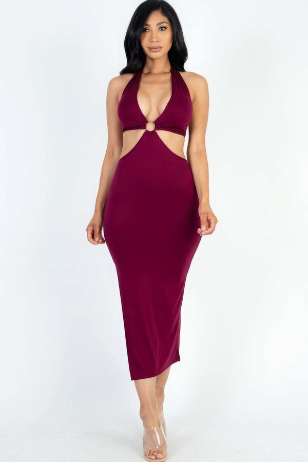 Cut-out Halter Neck Double Back Tie Split Thigh Midi Dress - Fit Me For 20