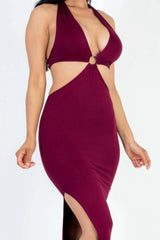 Cut-out Halter Neck Double Back Tie Split Thigh Midi Dress - Fit Me For 20