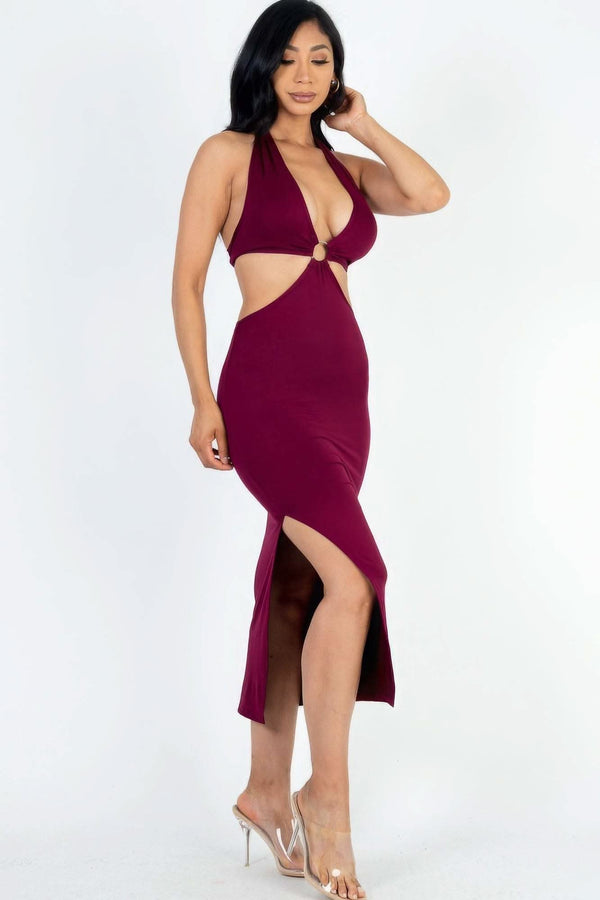 Cut-out Halter Neck Double Back Tie Split Thigh Midi Dress - Fit Me For 20