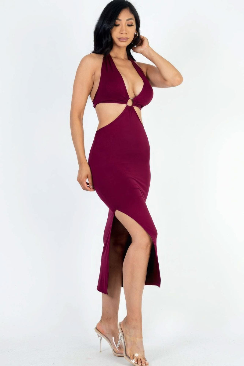 Cut-out Halter Neck Double Back Tie Split Thigh Midi Dress - Fit Me For 20