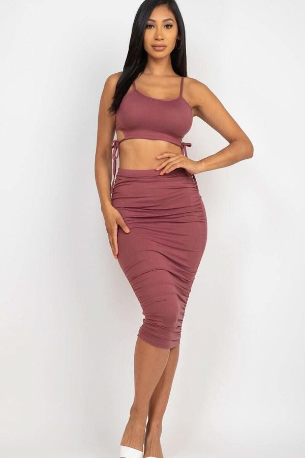 Cut-out Tie Side Crop Top & Ruched Midi Skirt Set - Fit Me For 20