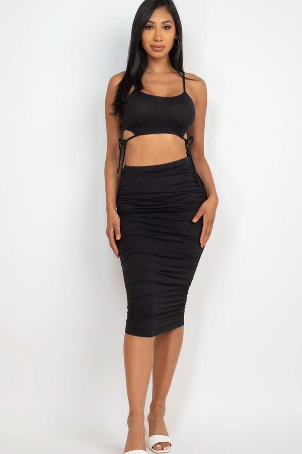 Cut-out Tie Side Crop Top & Ruched Midi Skirt Set - Fit Me For 20