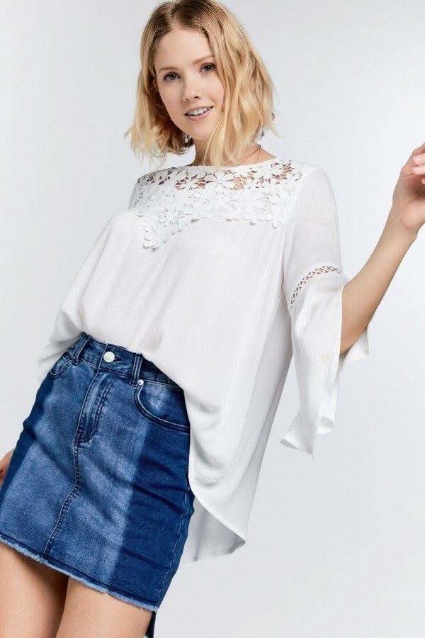 Cute Floral Mesh Lace Accent Yoke Crochet Detailed Tie-back Bell Sleeve Blouse Top - Fit Me For 20