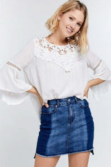 Cute Floral Mesh Lace Accent Yoke Crochet Detailed Tie-back Bell Sleeve Blouse Top - Fit Me For 20