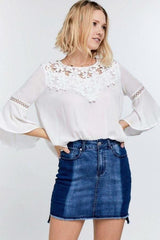 Cute Floral Mesh Lace Accent Yoke Crochet Detailed Tie-back Bell Sleeve Blouse Top - Fit Me For 20